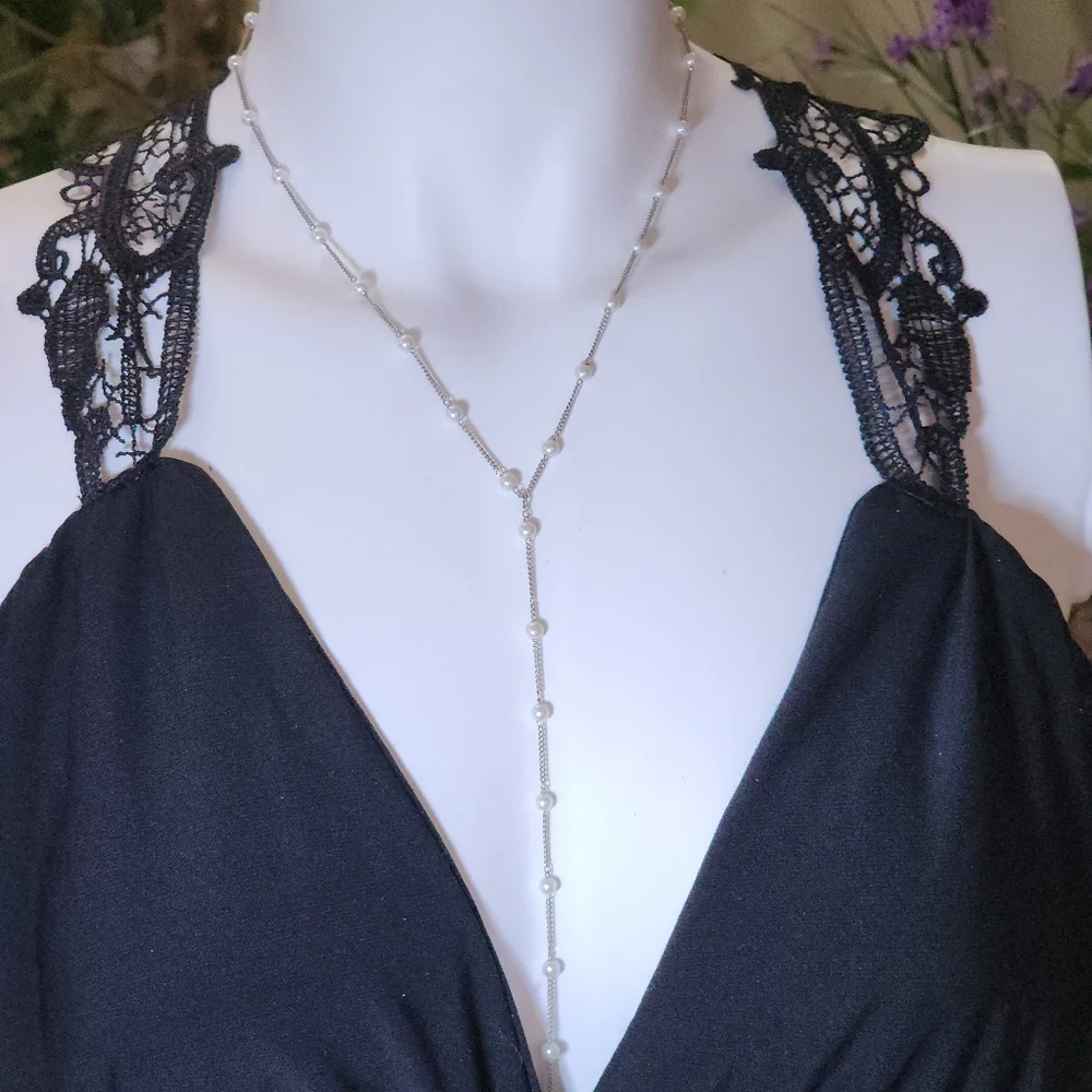Vintage Faux Pearl Y Necklace Silver Toned Chain